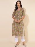 Janasya Green Cotton Floral Printed Casual Kurta