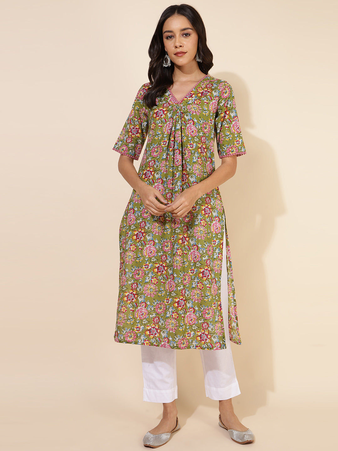 Janasya Green Cotton Floral Printed Casual Kurta