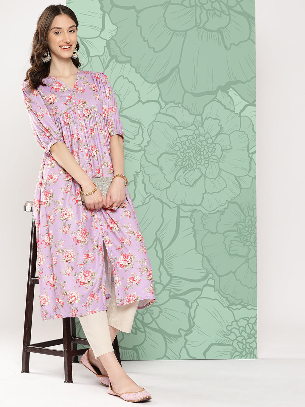 Janasya Women's Lavender Moss Digital Floral Printed Festive Flared Kurta