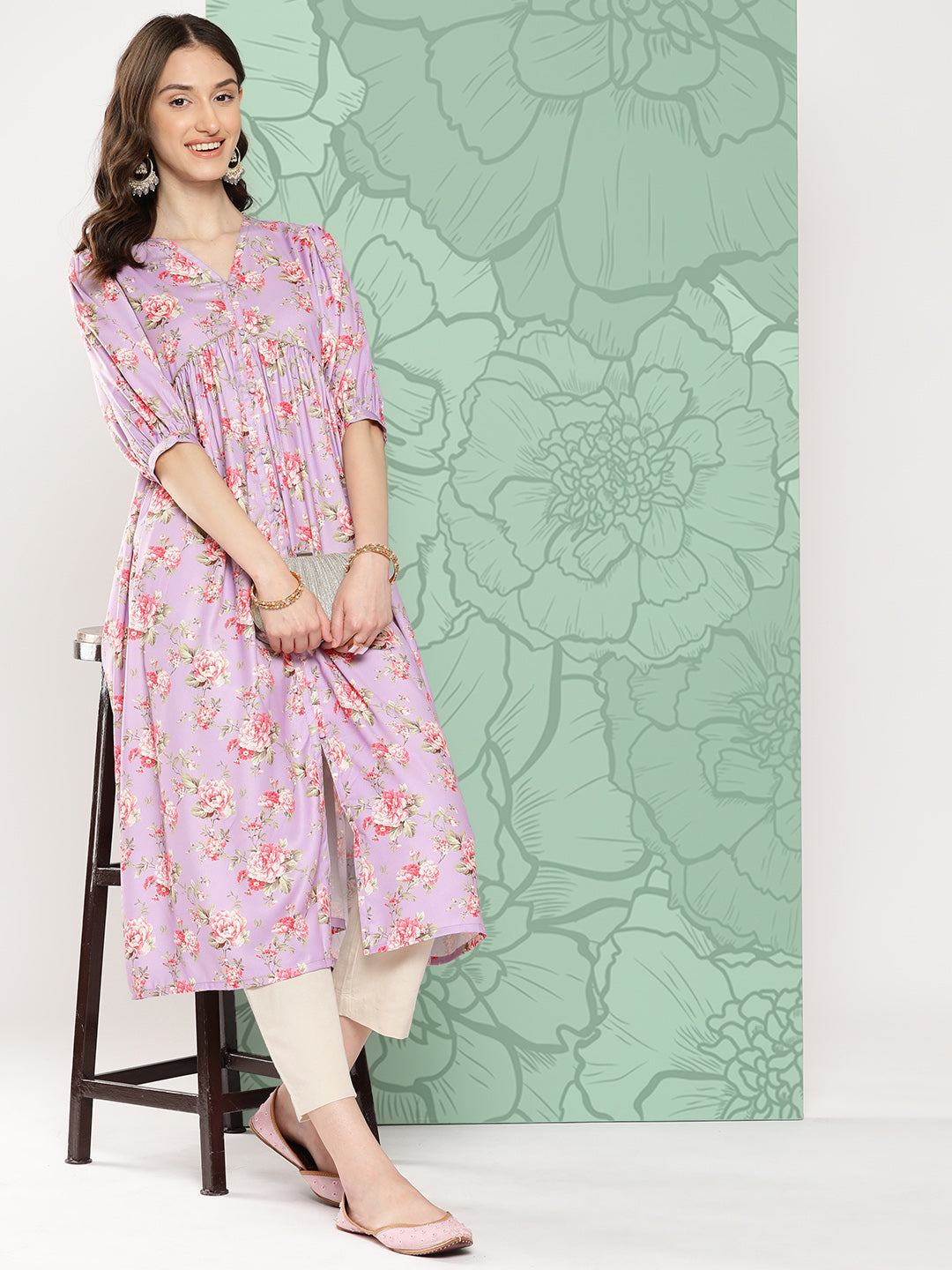 Janasya Women's Lavender Moss Digital Floral Printed Festive Flared Kurta