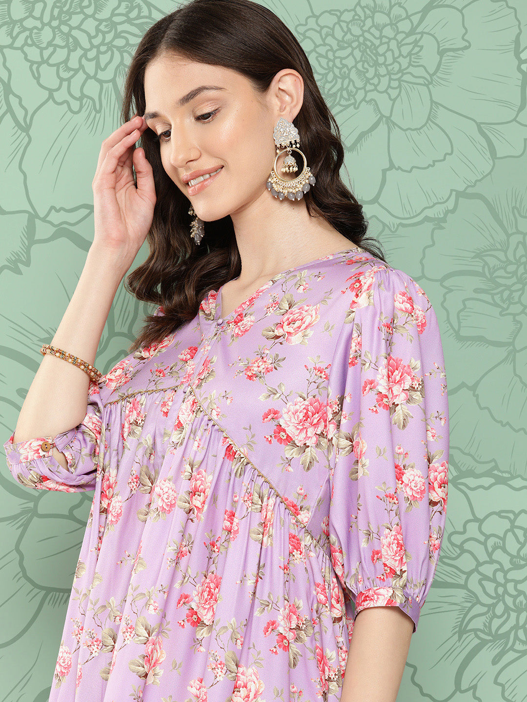 Janasya Women's Lavender Moss Digital Floral Printed Festive Flared Kurta