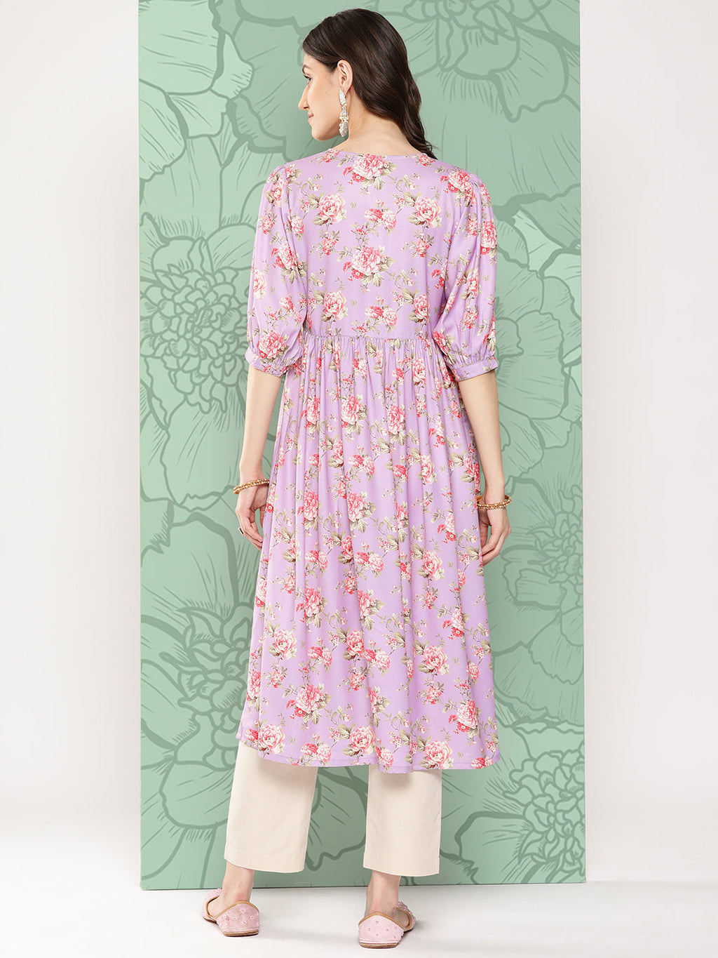 Janasya Women's Lavender Moss Digital Floral Printed Festive Flared Kurta