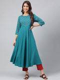 Janasya Women's Dark Green Crepe Foil Printed Festive A-Line Kurta