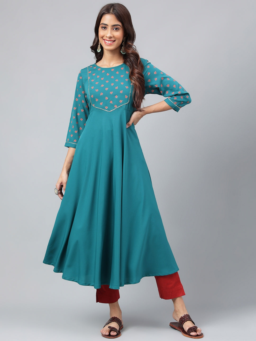 Janasya Women's Dark Green Crepe Foil Printed Festive A-Line Kurta