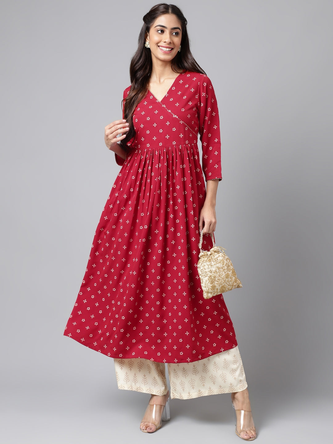 Janasya Women's Maroon Crepe Bandhani Printed Casual Flared Kurta