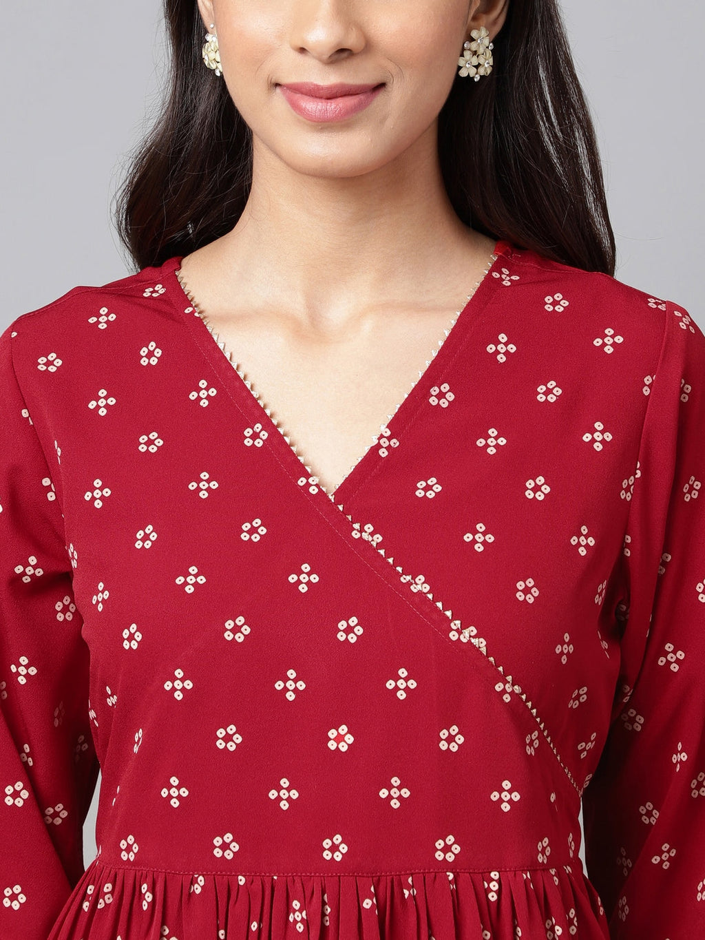 Janasya Women's Maroon Crepe Bandhani Printed Casual Flared Kurta