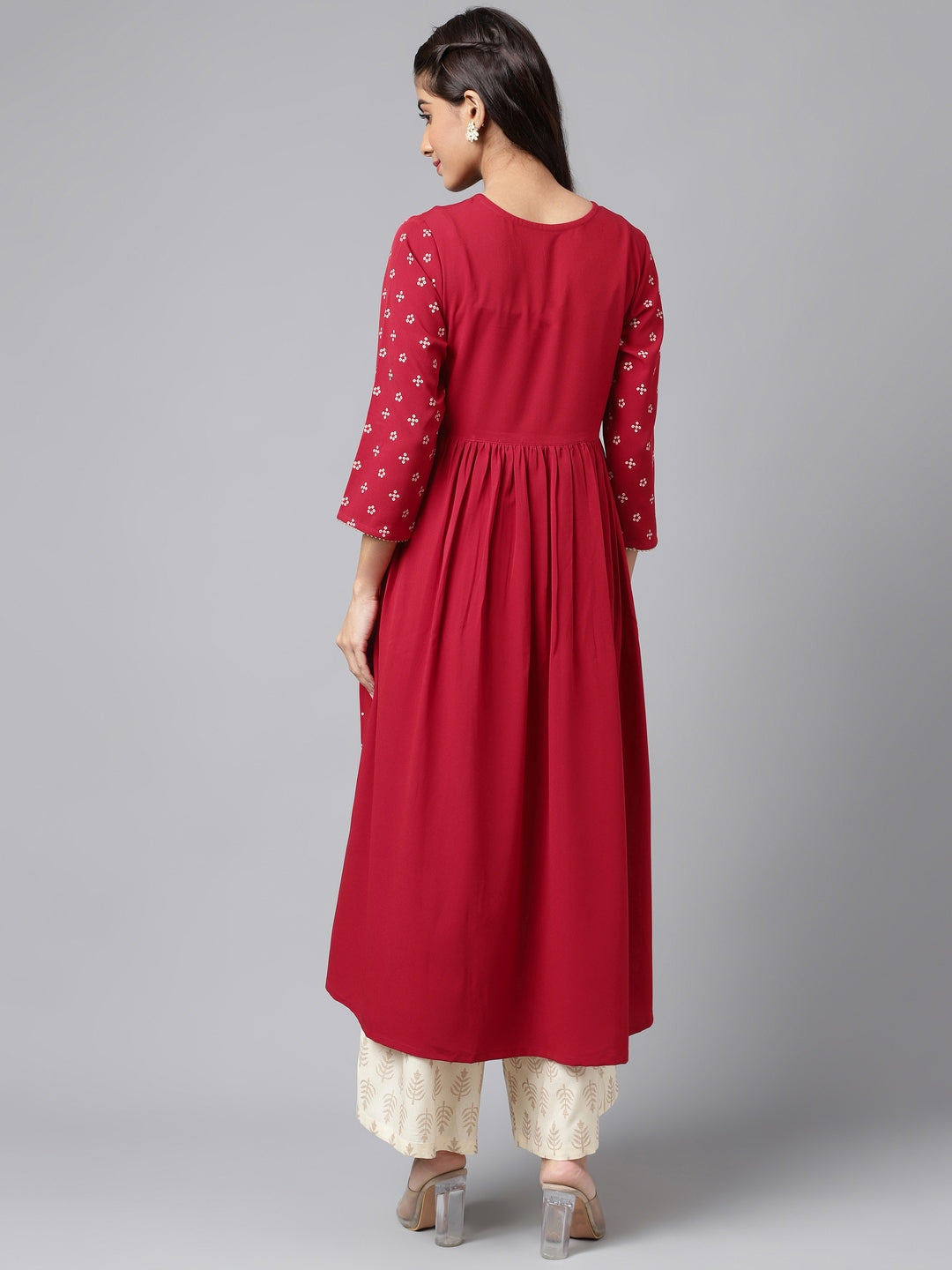 Janasya Women's Maroon Crepe Bandhani Printed Casual Flared Kurta