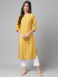 Janasya Women's Yellow Cotton Ethnic Motif Printed Casual Straight Kurta