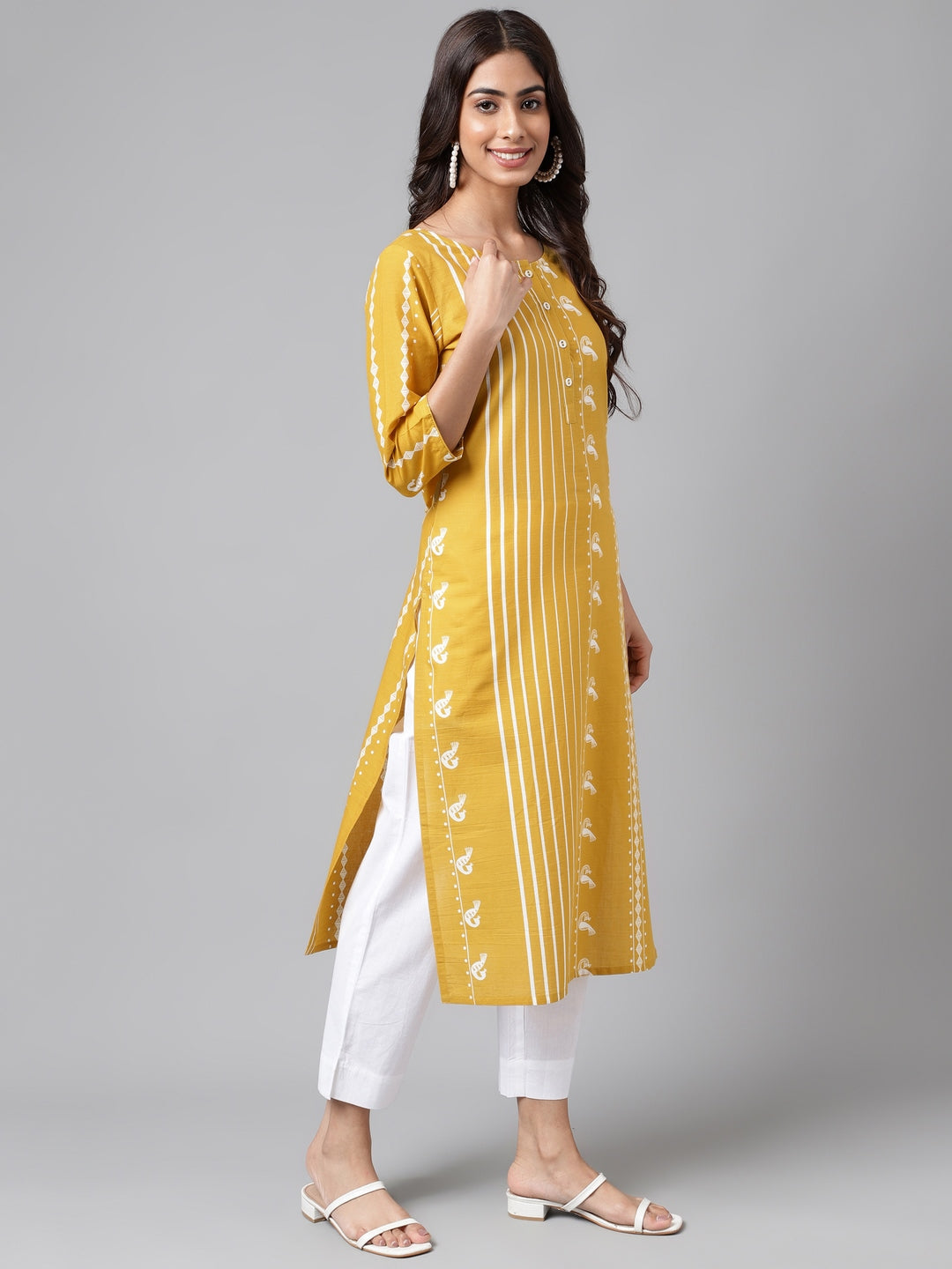 Janasya Women's Yellow Cotton Ethnic Motif Printed Casual Straight Kurta
