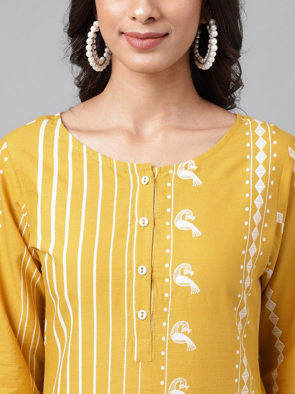 Janasya Women's Yellow Cotton Ethnic Motif Printed Casual Straight Kurta