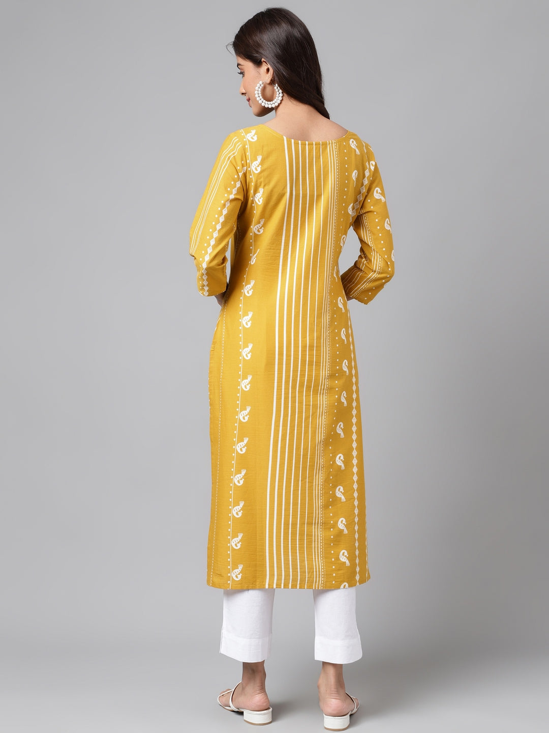 Janasya Women's Yellow Cotton Ethnic Motif Printed Casual Straight Kurta