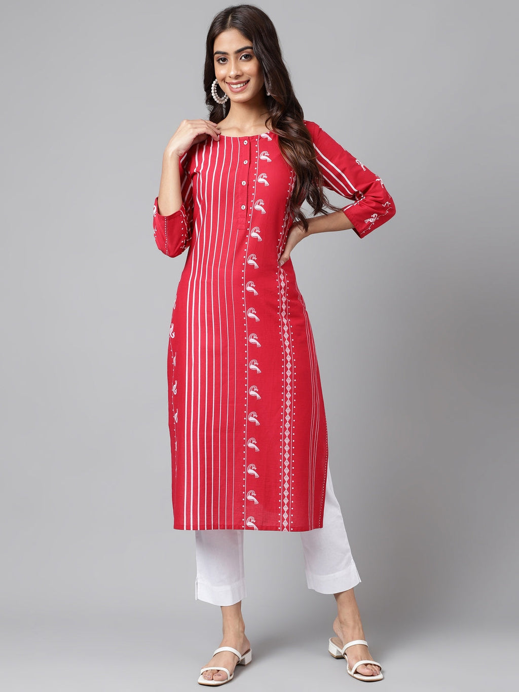 Janasya Women's Red Cotton Ethnic Motif Printed Casual Straight Kurta