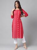 Janasya Women's Red Cotton Ethnic Motif Printed Casual Straight Kurta