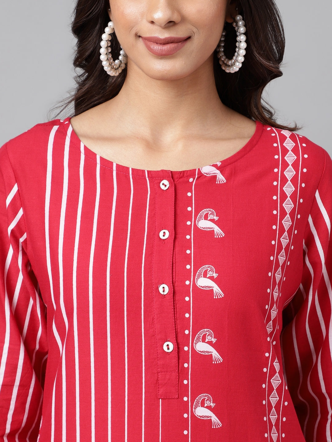 Janasya Women's Red Cotton Ethnic Motif Printed Casual Straight Kurta