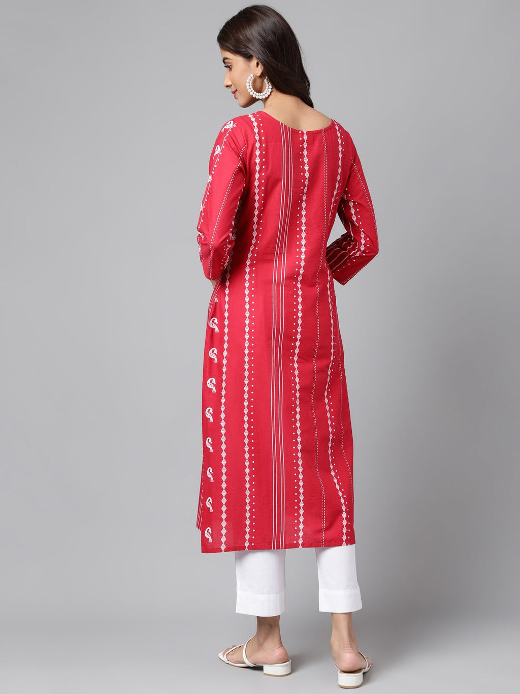 Janasya Women's Red Cotton Ethnic Motif Printed Casual Straight Kurta