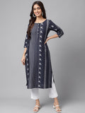 Janasya Women's Navy Blue Cotton Ethnic Motif Printed Casual Straight Kurta