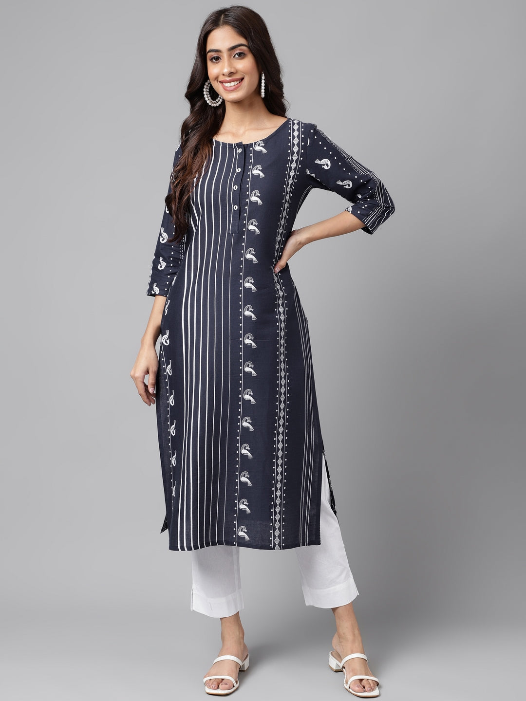 Janasya Women's Navy Blue Cotton Ethnic Motif Printed Casual Straight Kurta