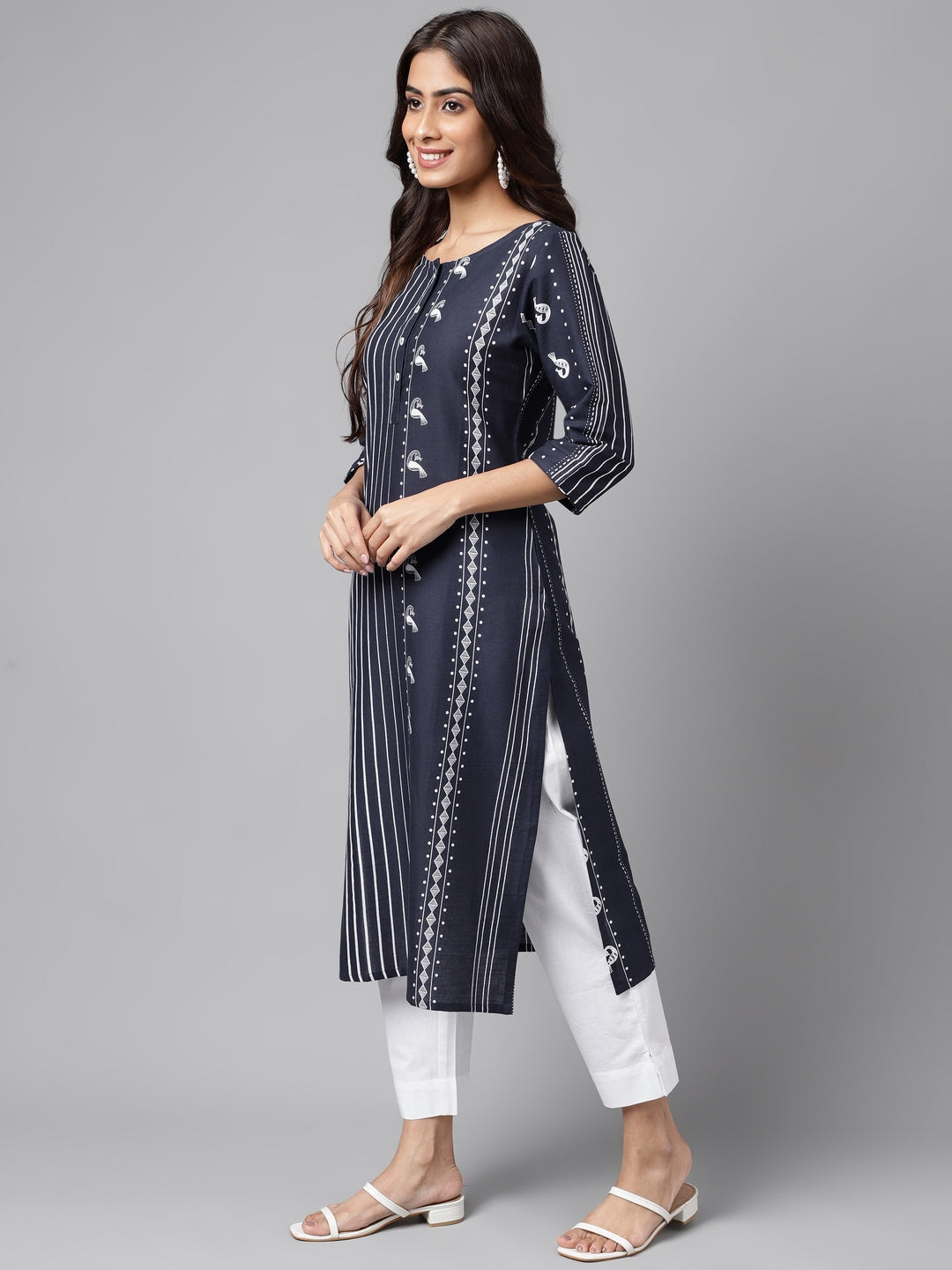 Janasya Women's Navy Blue Cotton Ethnic Motif Printed Casual Straight Kurta