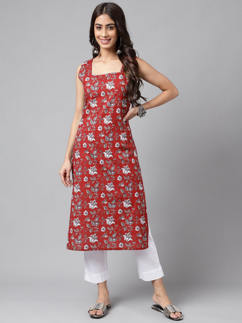 Janasya Women's Maroon Cotton Botanical Printed Casual Straight Kurta