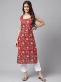 Janasya Women's Maroon Cotton Botanical Printed Casual Straight Kurta