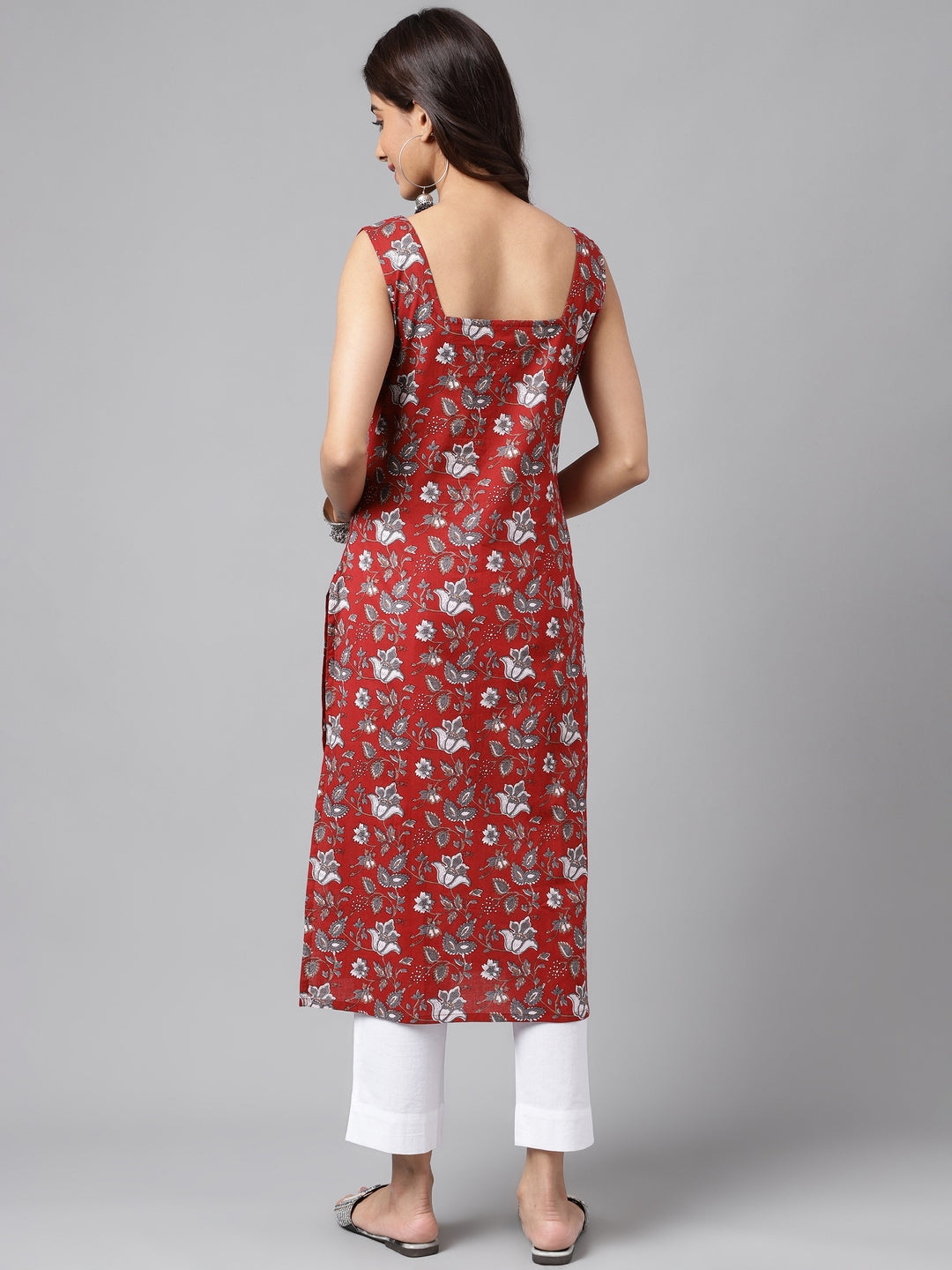 Janasya Women's Maroon Cotton Botanical Printed Casual Straight Kurta