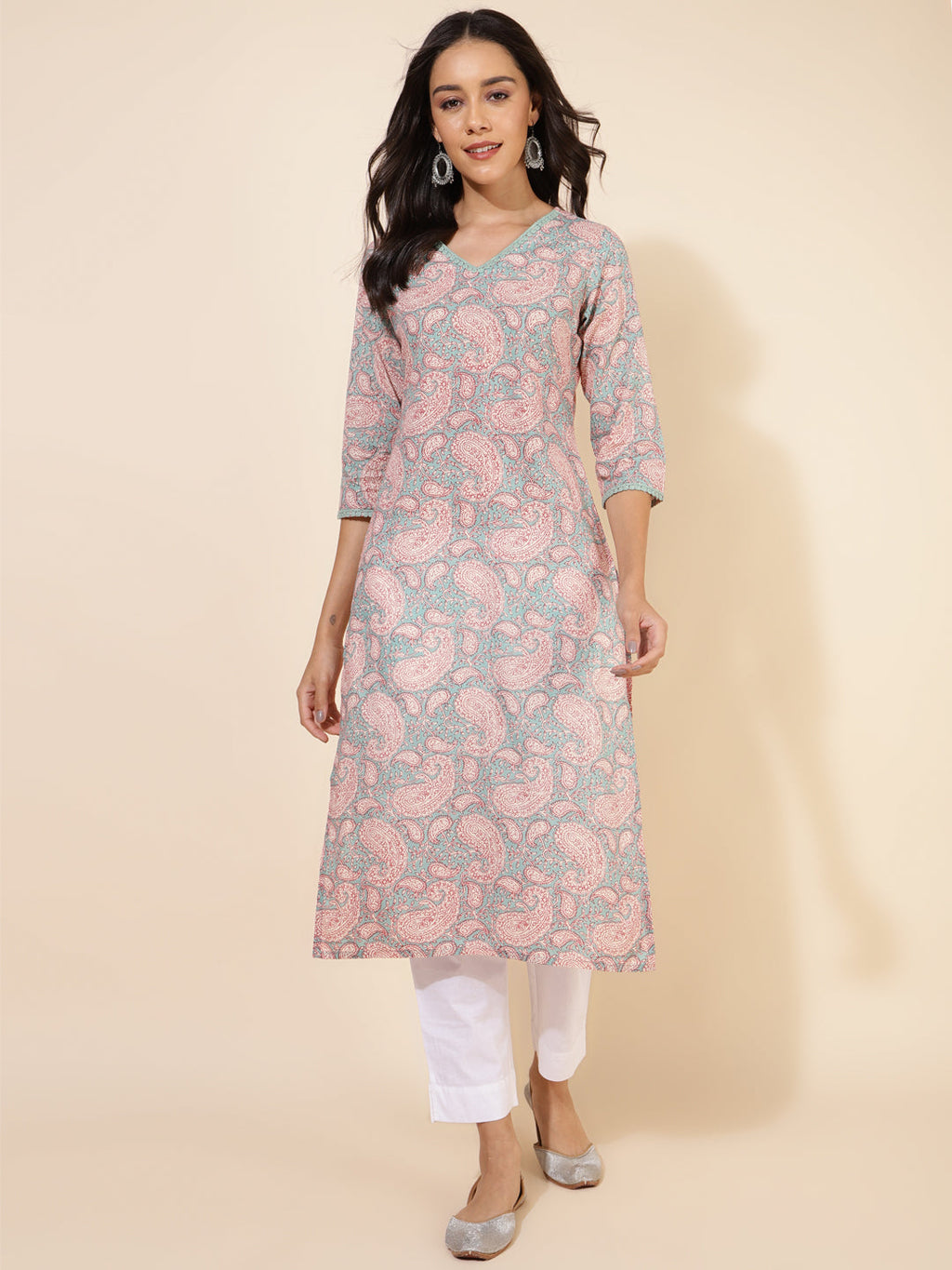 Janasya Sage Green Cotton Paisley Printed Casual Kurta
