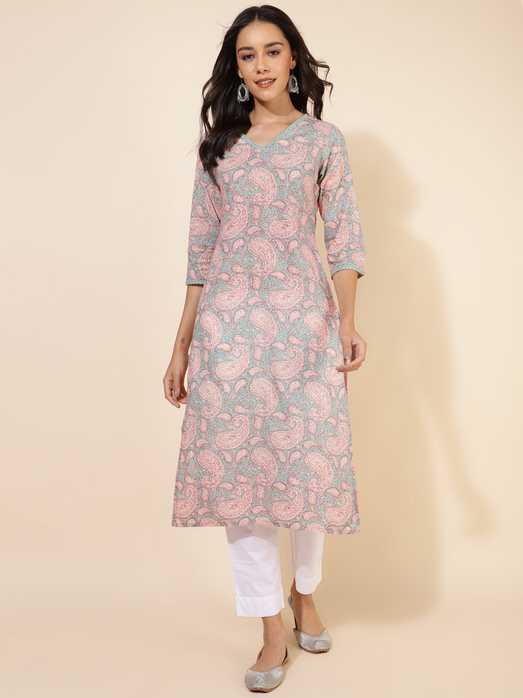 Janasya Sage Green Cotton Paisley Printed Casual Kurta