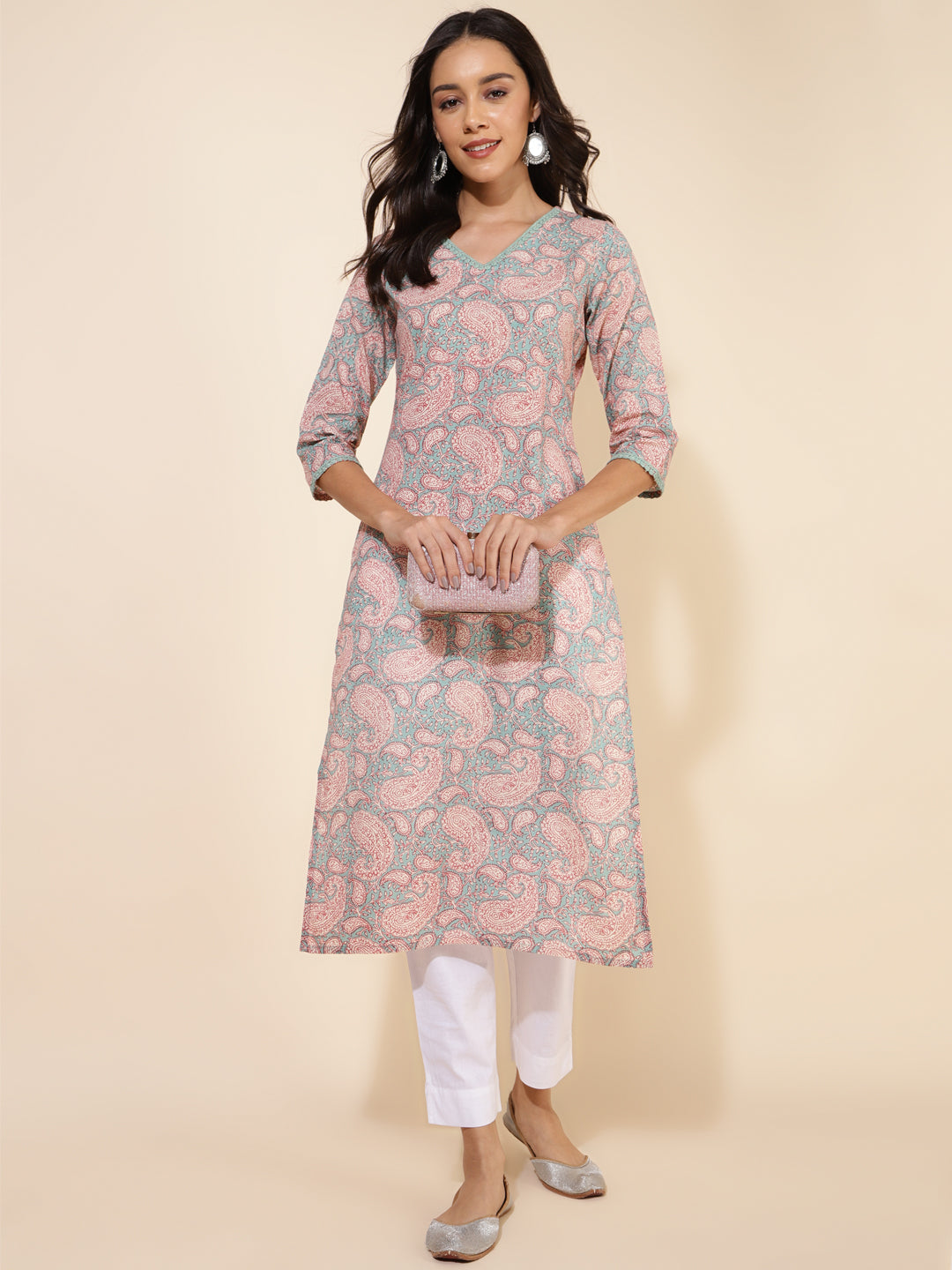 Janasya Sage Green Cotton Paisley Printed Casual Kurta