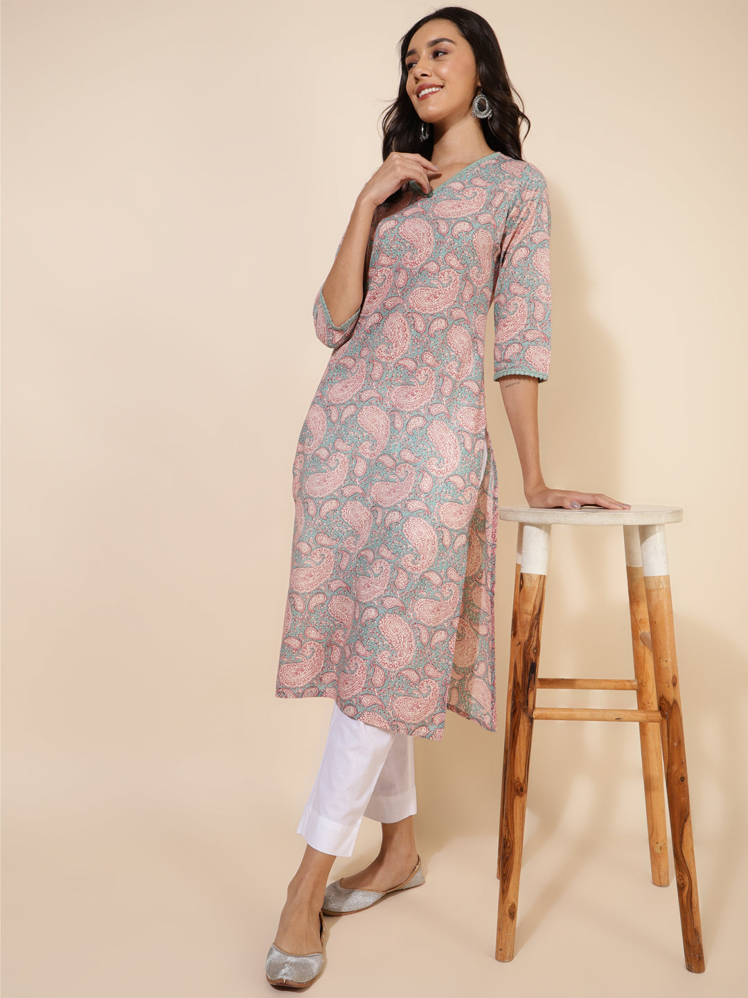 Janasya Sage Green Cotton Paisley Printed Casual Kurta