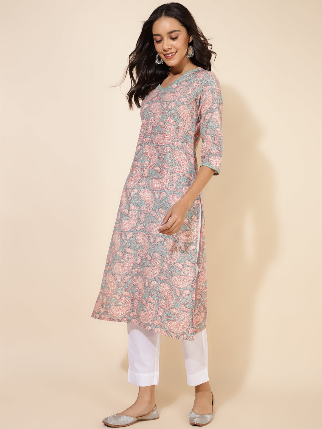 Janasya Sage Green Cotton Paisley Printed Casual Kurta