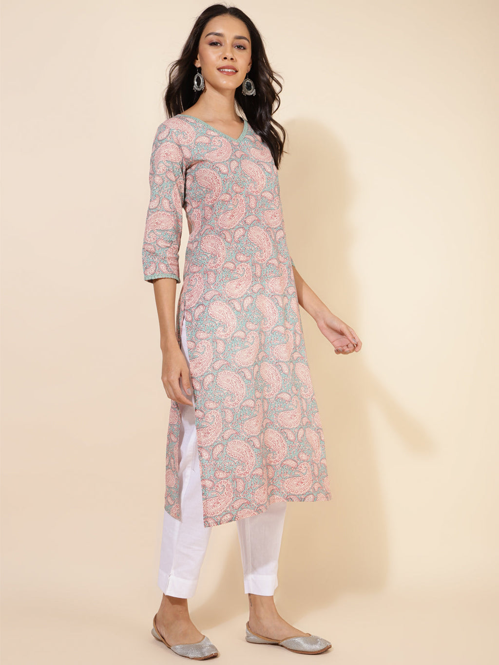 Janasya Sage Green Cotton Paisley Printed Casual Kurta