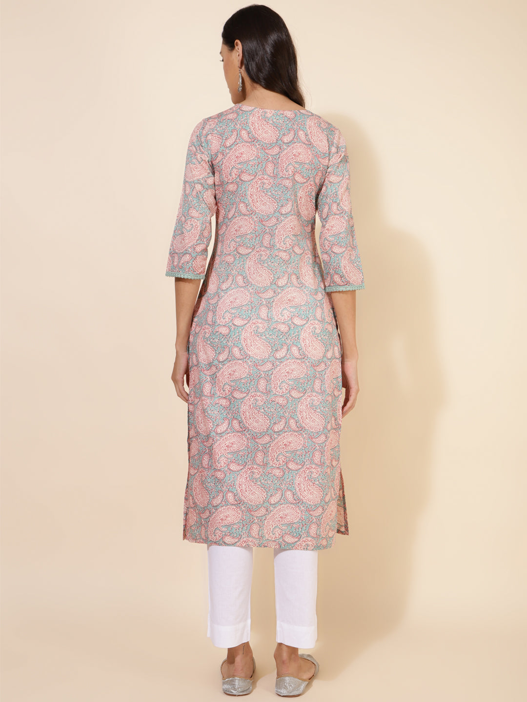 Janasya Sage Green Cotton Paisley Printed Casual Kurta