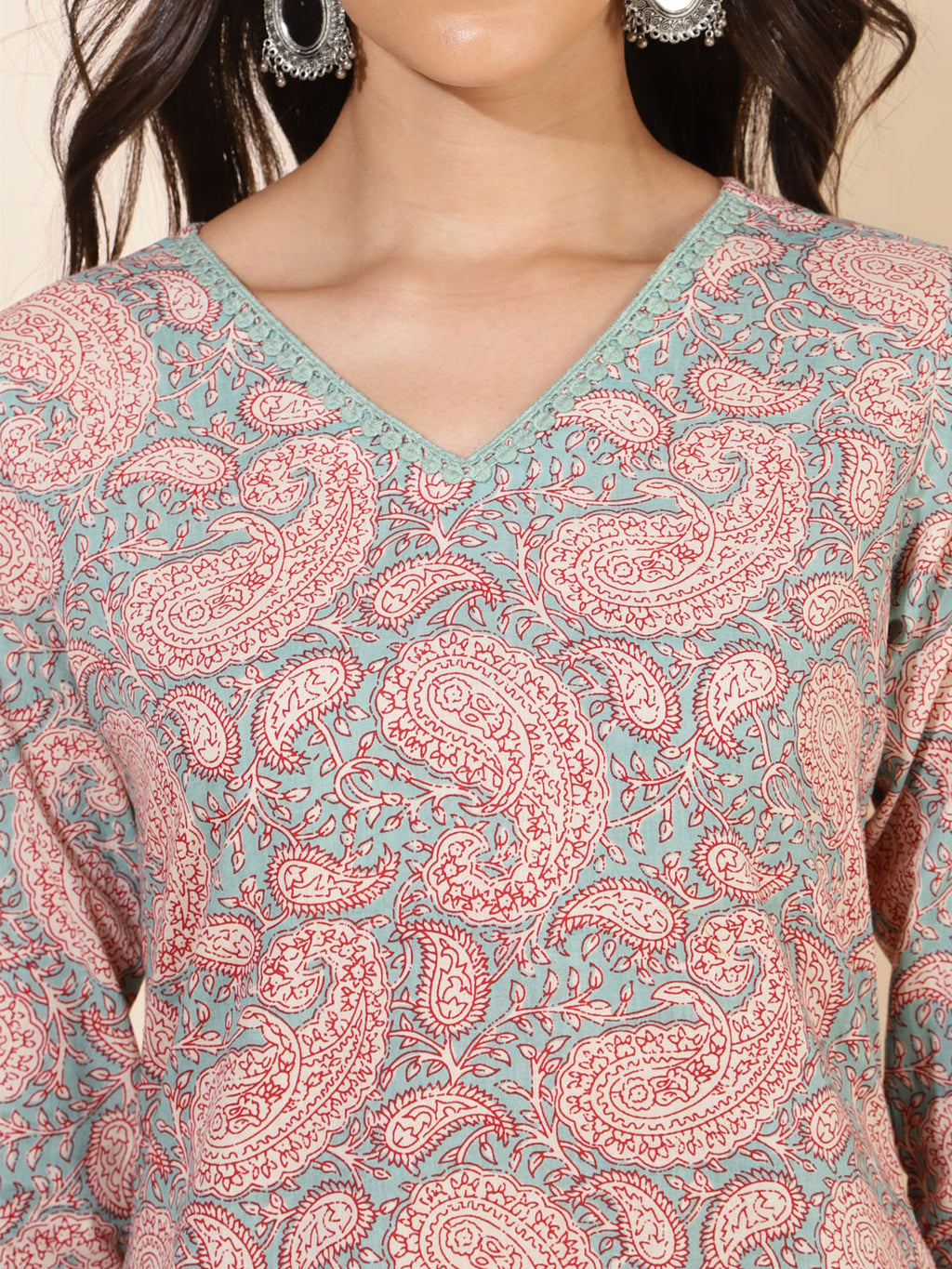 Janasya Sage Green Cotton Paisley Printed Casual Kurta
