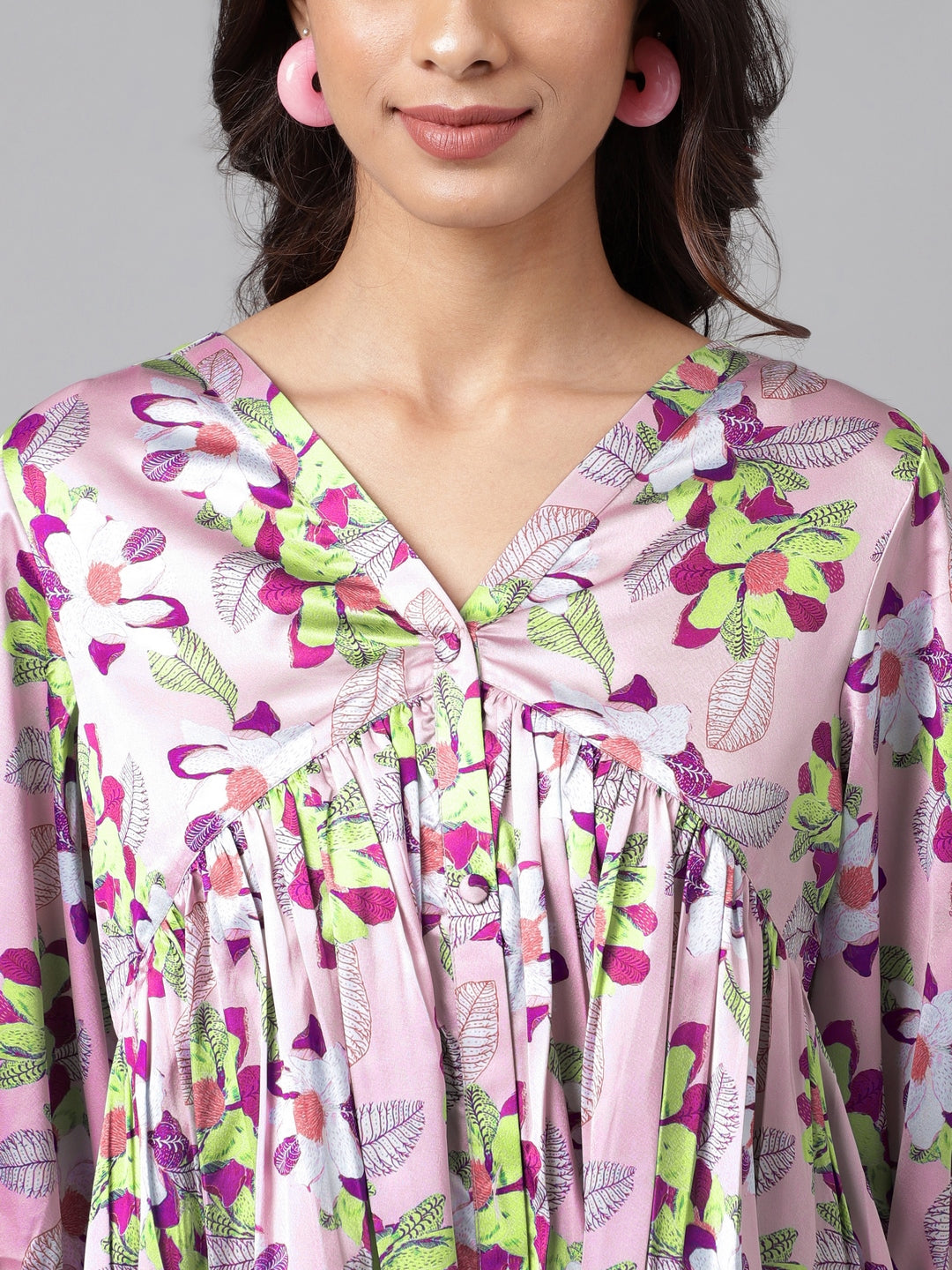 Janasya Women's Lavender Satin Digital Floral Printed Casual Flared Top