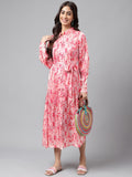 Janasya Women's Peach Satin Digital Floral Printed A-line Casual Dress