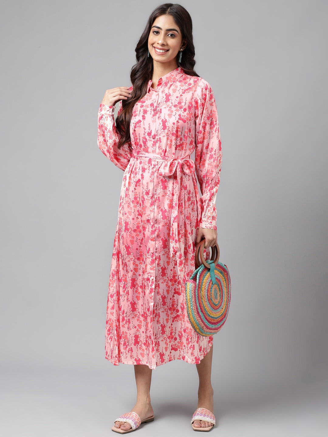 Janasya Women's Peach Satin Digital Floral Printed A-line Casual Dress