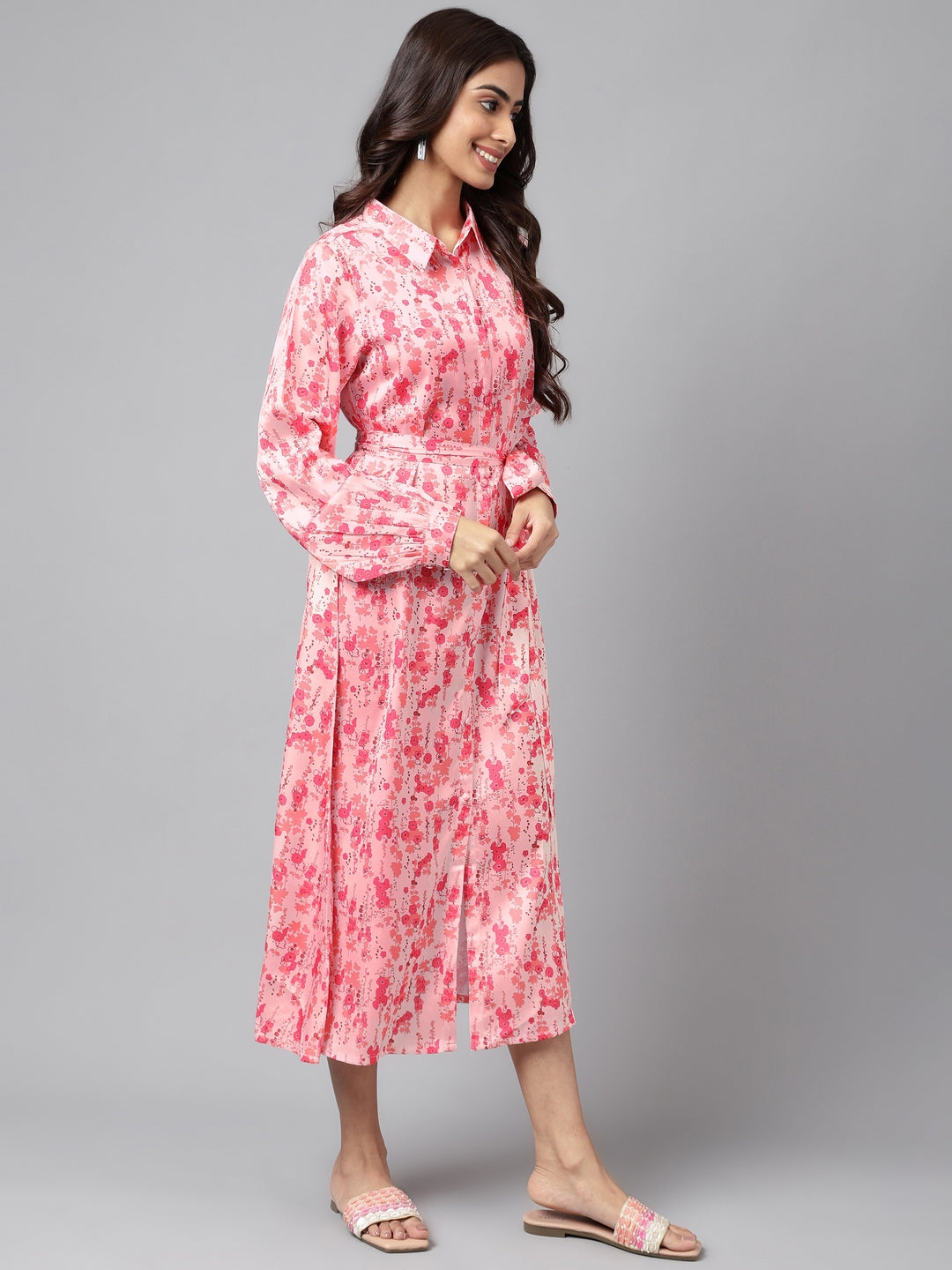 Janasya Women's Peach Satin Digital Floral Printed A-line Casual Dress