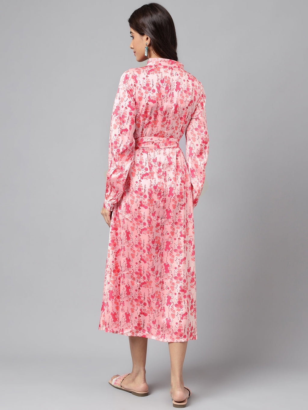 Janasya Women's Peach Satin Digital Floral Printed A-line Casual Dress