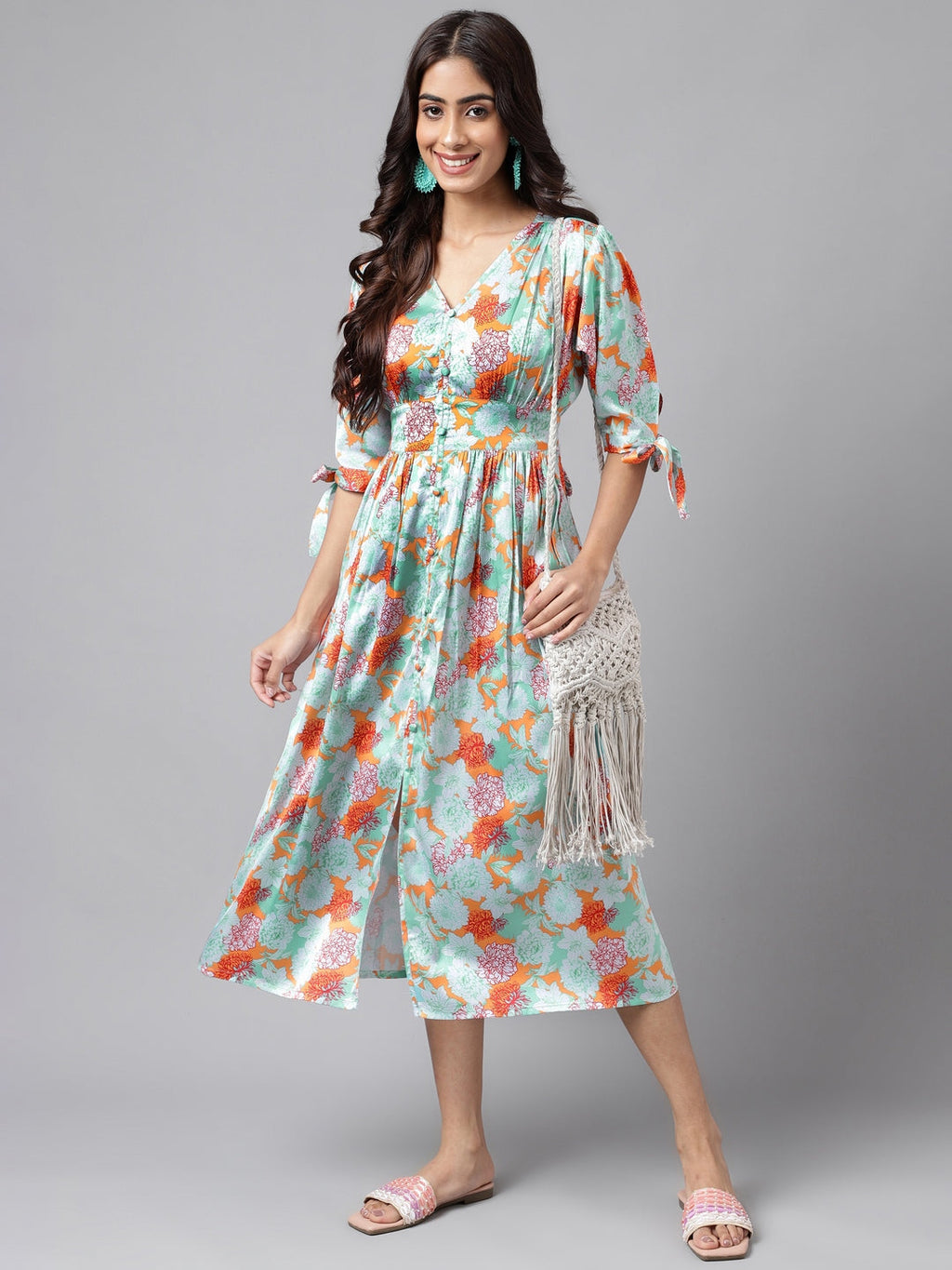 Janasya Women's Orange Satin Digital Floral Printed Flared Casual Dress