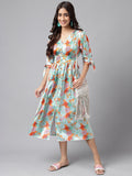Janasya Women's Orange Satin Digital Floral Printed Flared Casual Dress