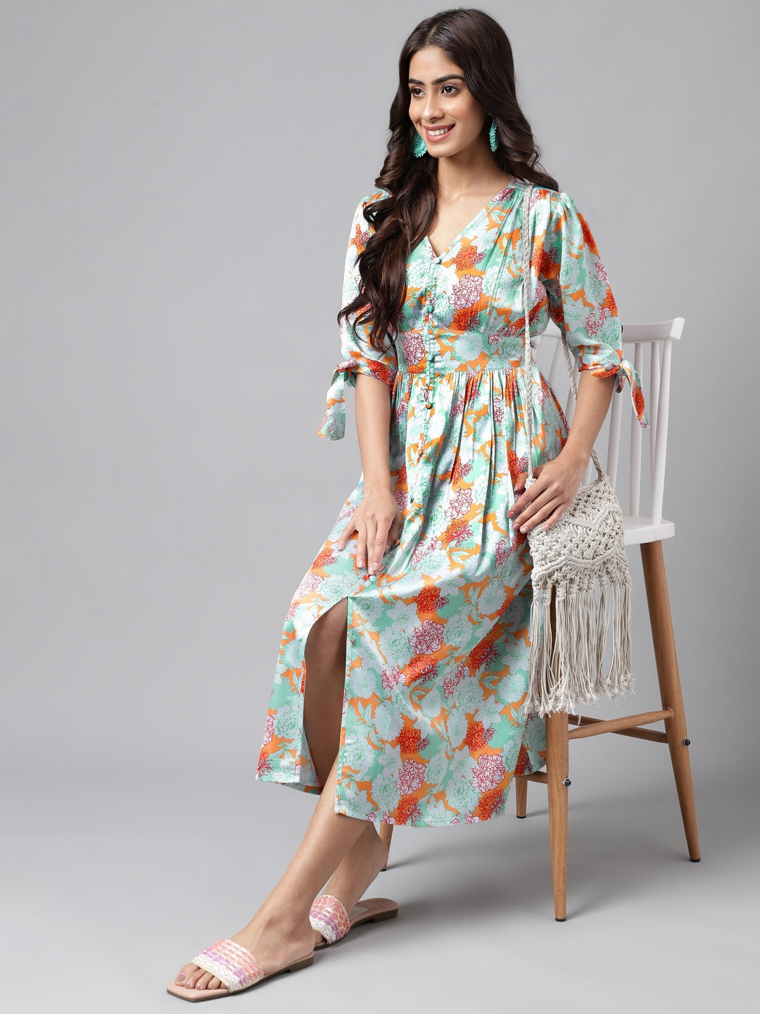 Janasya Women's Orange Satin Digital Floral Printed Flared Casual Dress