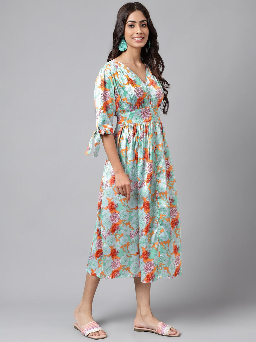 Janasya Women's Orange Satin Digital Floral Printed Flared Casual Dress