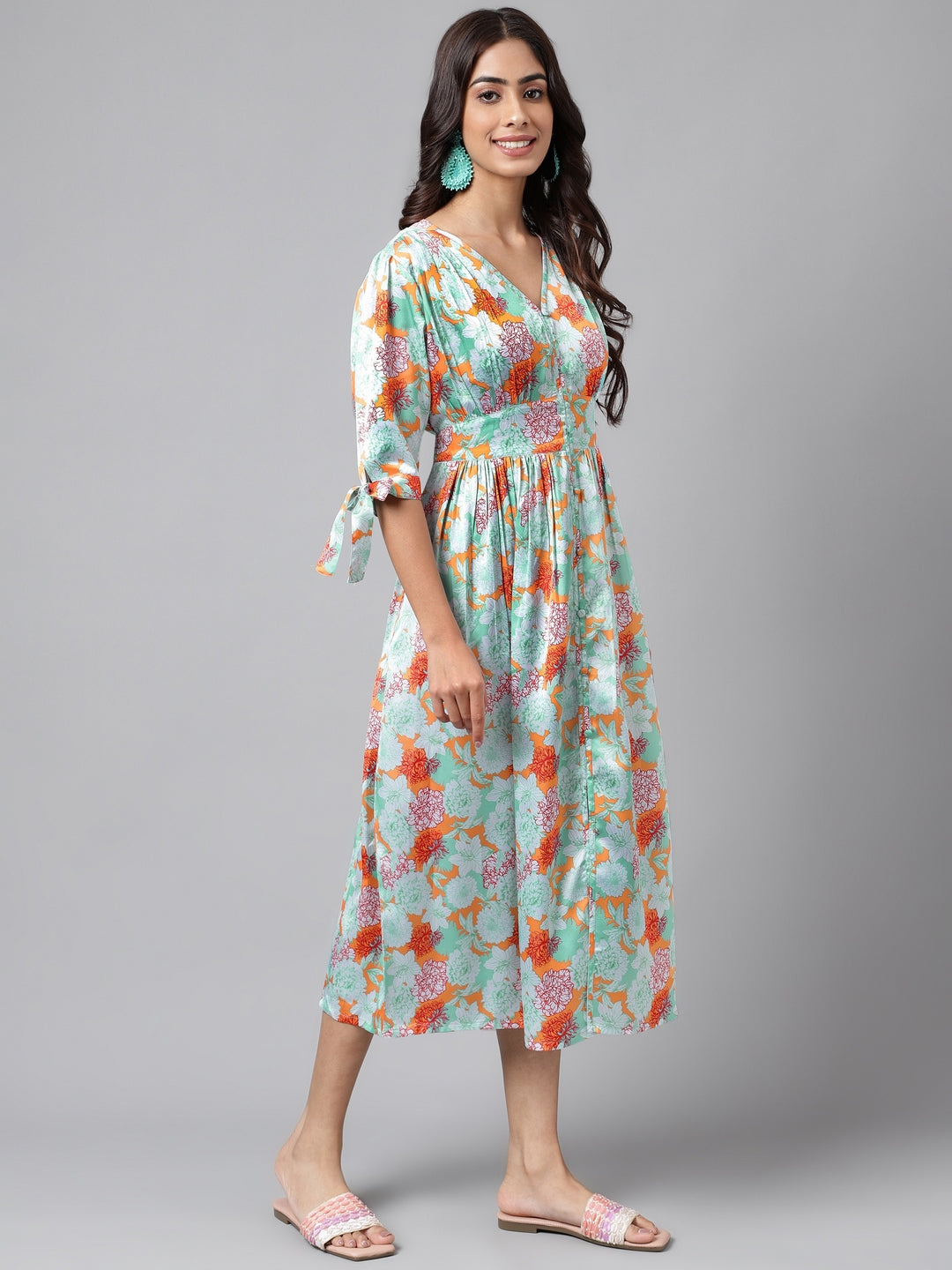 Janasya Women's Orange Satin Digital Floral Printed Flared Casual Dress