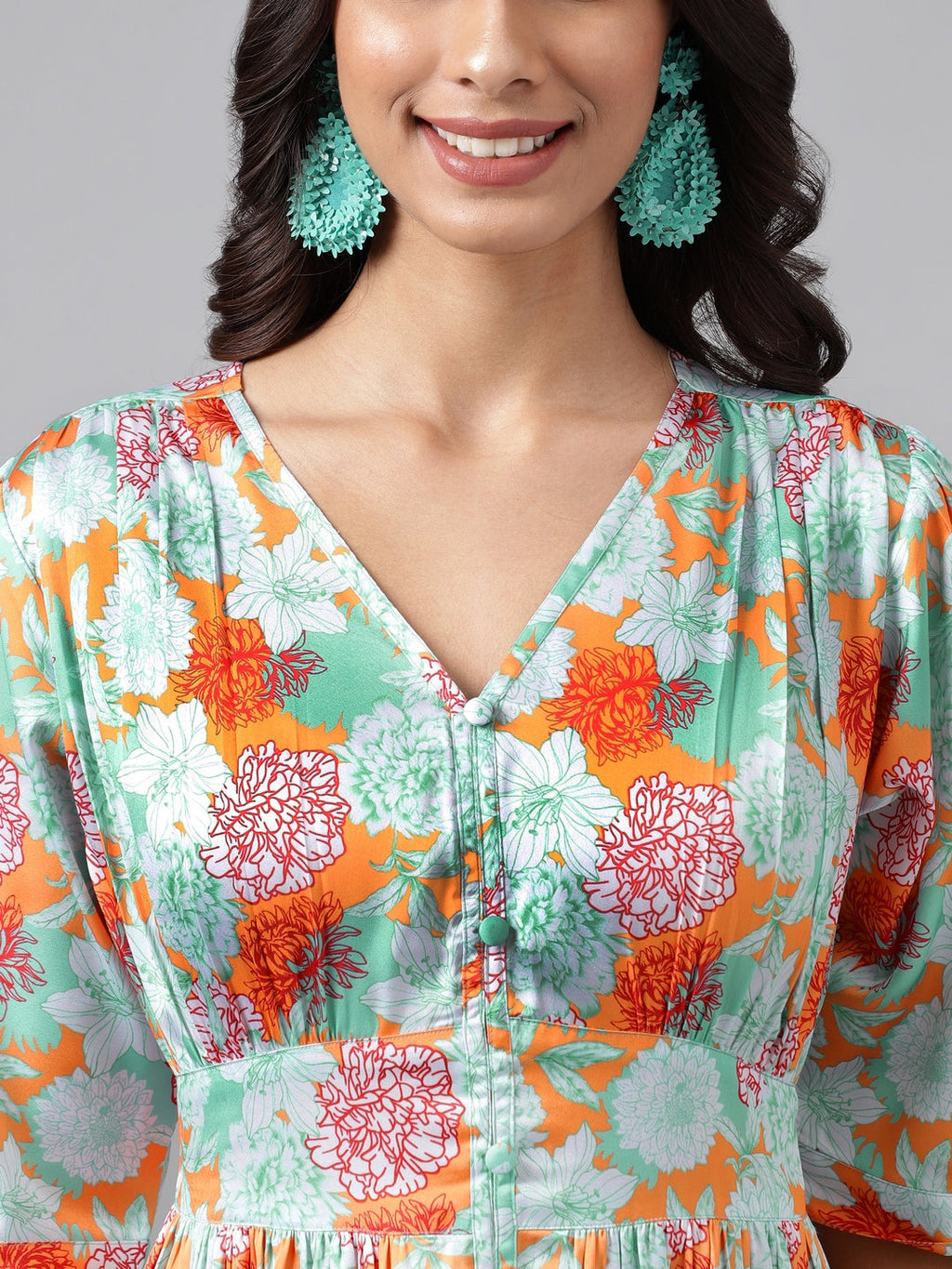 Janasya Women's Orange Satin Digital Floral Printed Flared Casual Dress