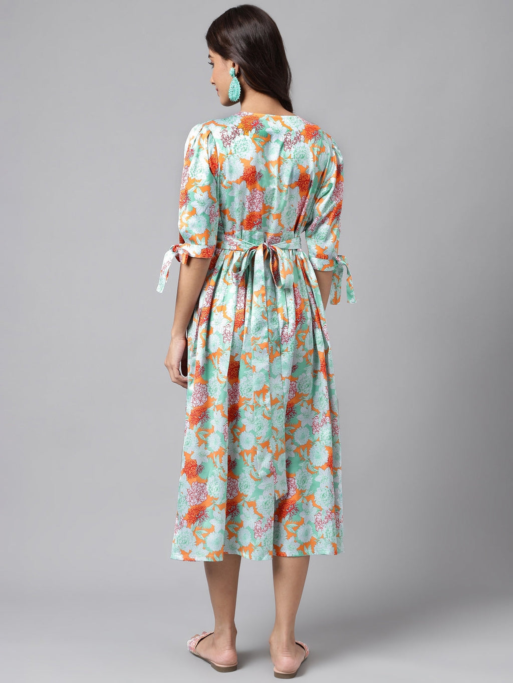 Janasya Women's Orange Satin Digital Floral Printed Flared Casual Dress