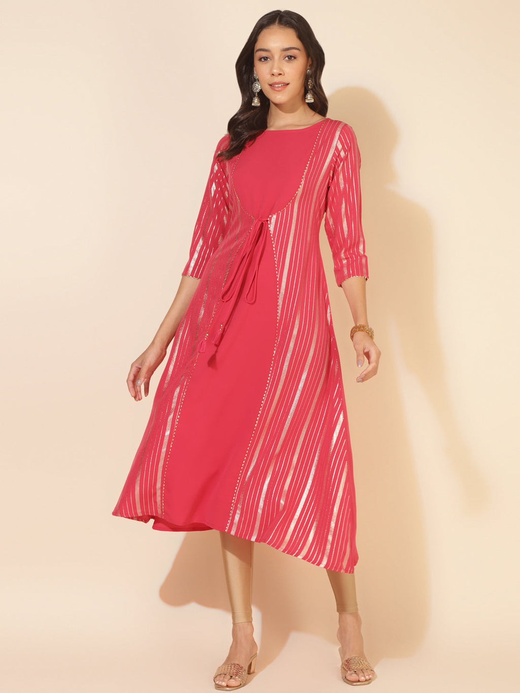 Janasya Dark Pink Crepe Foil Printed Casual Kurta