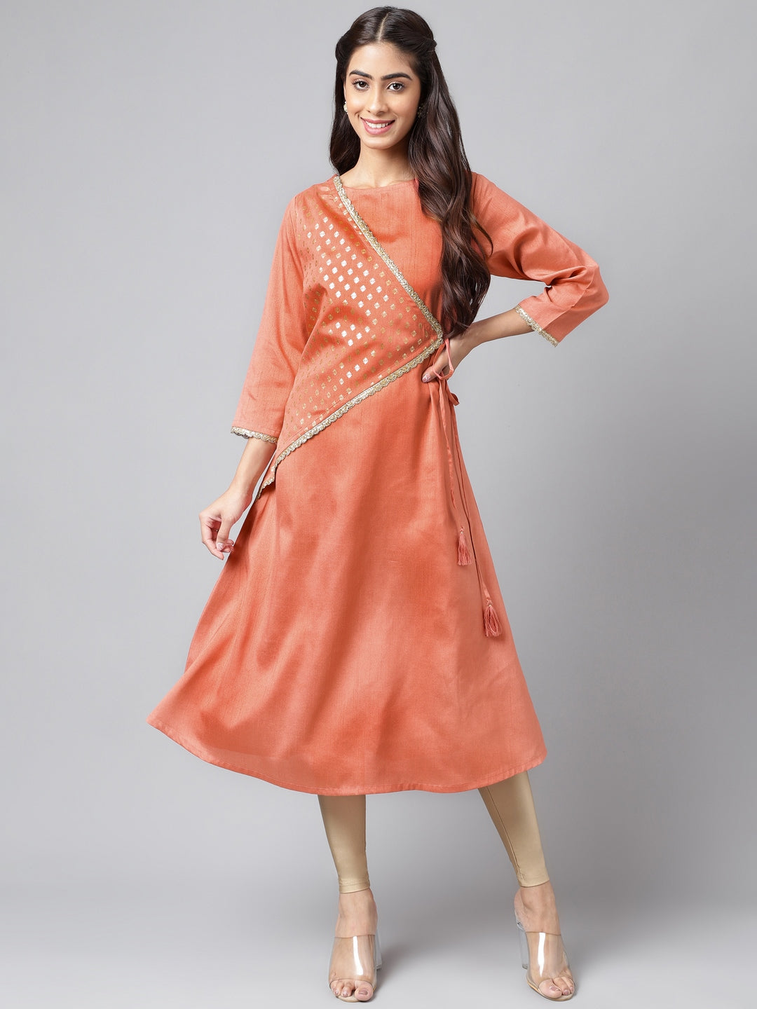 Janasya Women's Peach Crepe Silk Embellished Festive A-Line Kurta