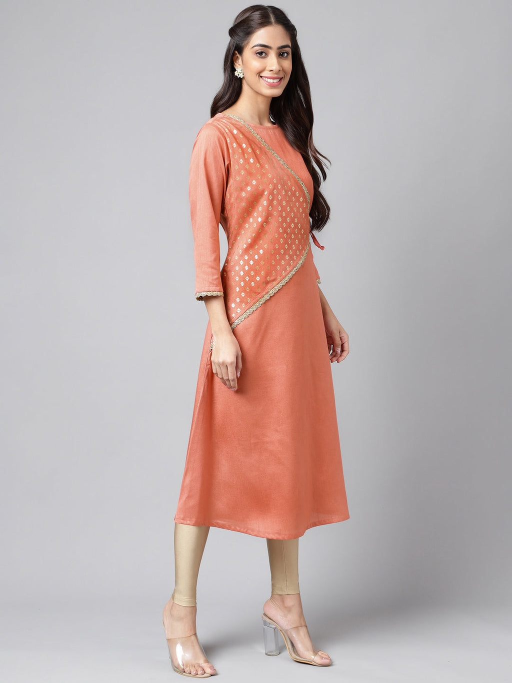Janasya Women's Peach Crepe Silk Embellished Festive A-Line Kurta