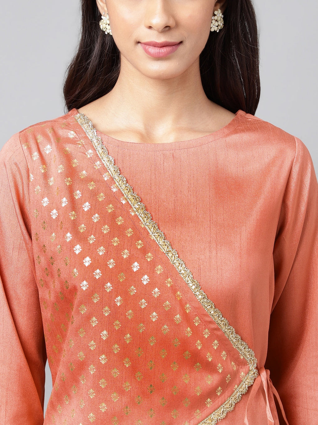Janasya Women's Peach Crepe Silk Embellished Festive A-Line Kurta