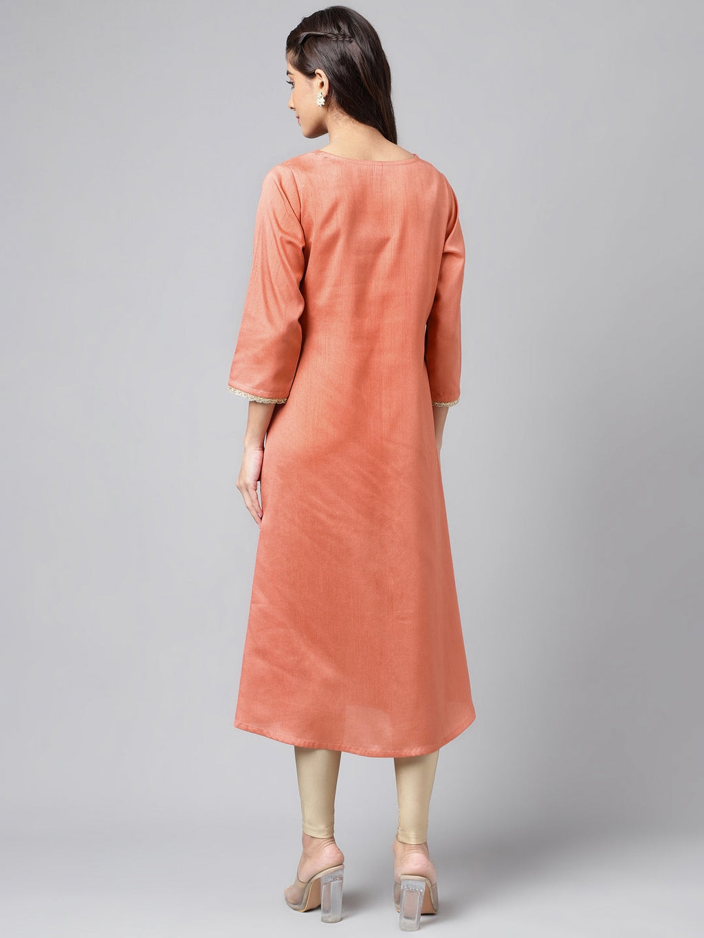 Janasya Women's Peach Crepe Silk Embellished Festive A-Line Kurta